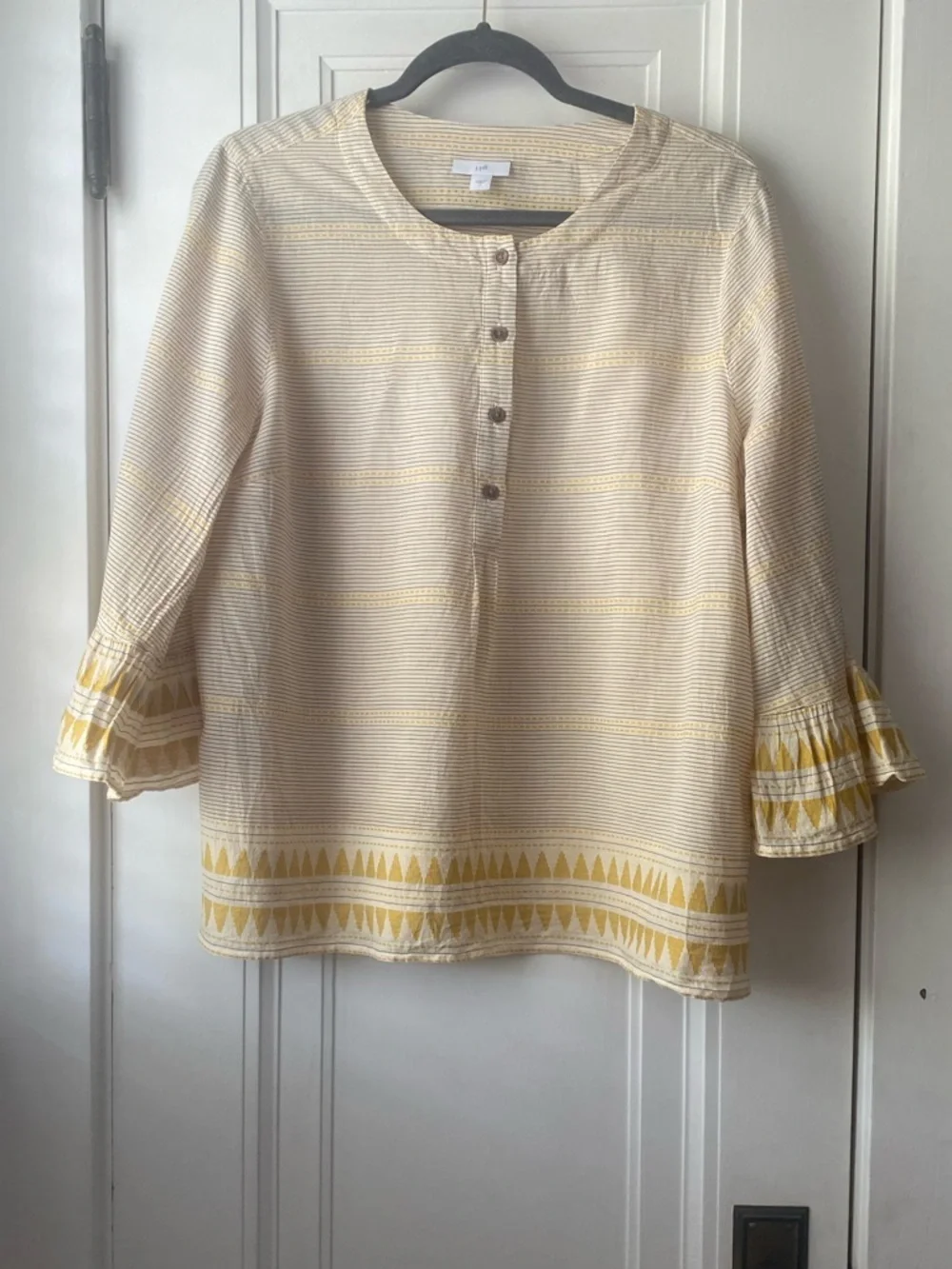 J Jill cream yellow stripe embroidered bell sleeve top blouse L - Picture 1 of 6
